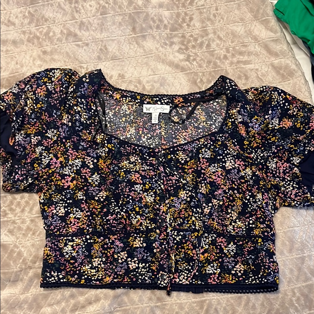 Jessica Simpson Blue Orange Short Sleeve Crop Blouse